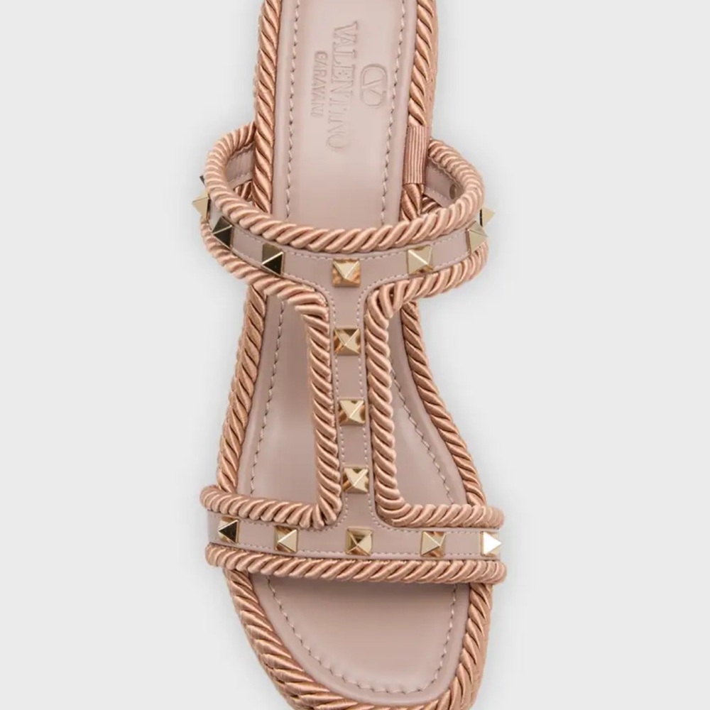 Valentino Rockstud Rope Wedge Sandals, Poudre - Picture 4 of 15